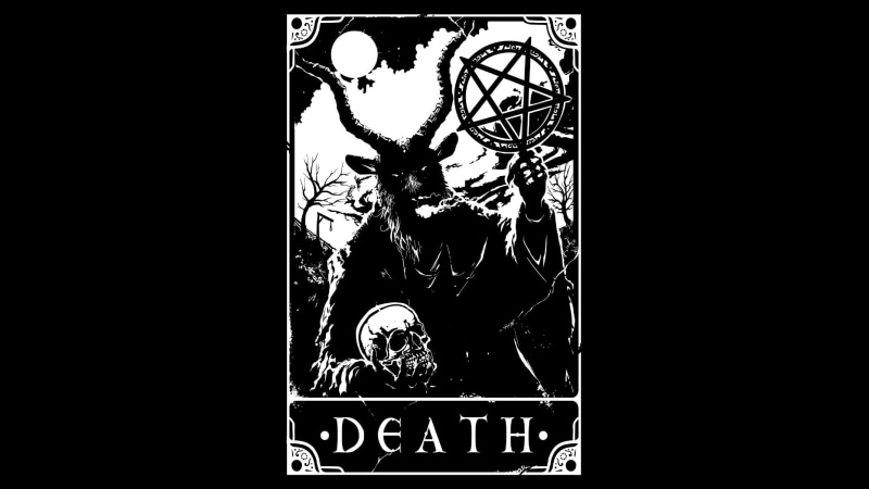 1080P, simple background, goat, tarot, skull, pentagram, Gallows, Moon, occultism, text, monochrome