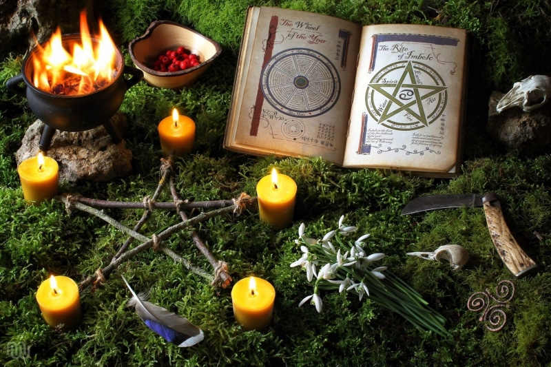 the occult, 1080P, skull, pentagram, candles, fire, feathers, knife, book, moss, snowdrops