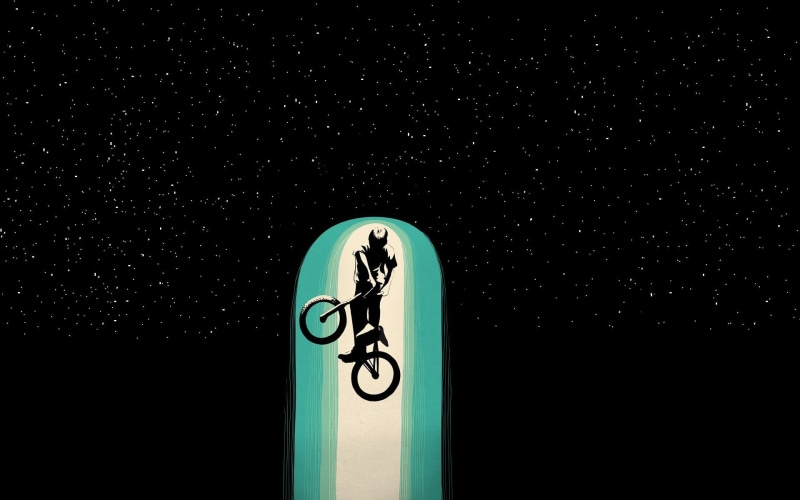 text, studio shot, decor, indoors, black background, blue, dark, close-up, stars, threadless, space, simple, 1080P, minimalism, artwork, bicycle, astronomy