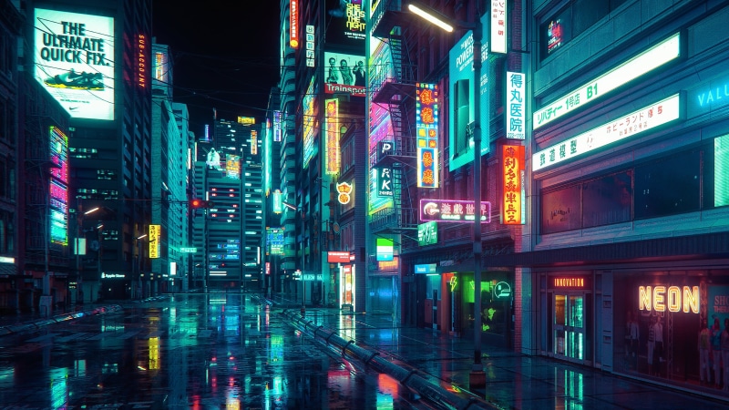 artwork, 4K, street, building, city, neon, signboard, stores, cyberpunk, wires, neon glow, night, Nike