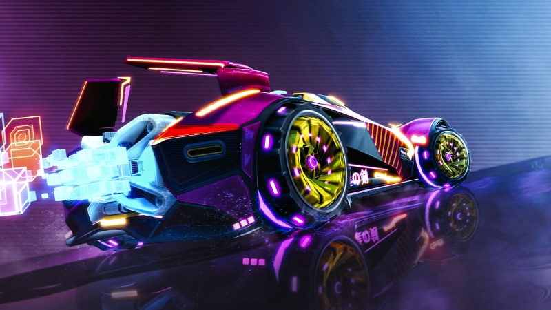 neon glow, artwork, digital, 1080P, Rocket League, Retrowave, reflection