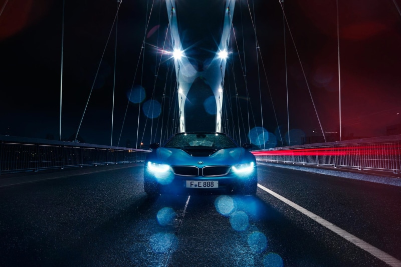 BMW i8, car, bridge, 1080P, rain, BMW, vehicle