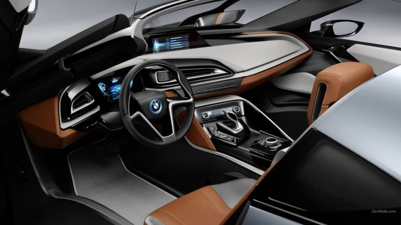 control panel, BMW, dashboard, gearshift, BMW i8, technology, indoors, leather, land vehicle, modern, mode of transportation, car interior, equipment, steering wheel