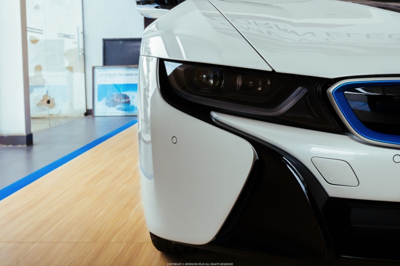 no people, car, luxury, absence, transportation, BMW i8, day, table, land vehicle, 4K, BMW, focus on foreground, close-up, modern, indoors, mode of transportation