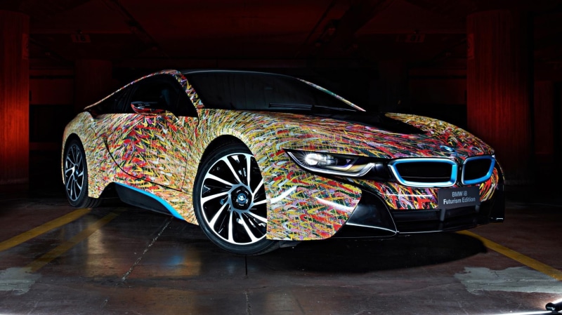 creativity, BMW i8, mode of transportation, city, land vehicle, floral pattern, night, car, BMW, architecture, multi colored, direction, no people, art and craft