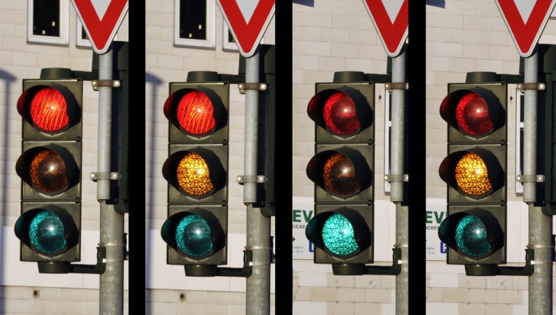 red, technology, green color, architecture, built structure, day, illuminated, traffic, road Sign, no people, outdoors, urban, red light, lighting equipment