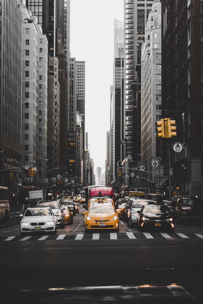 traffic, crosswalk, architecture, 5K, no people, outdoors, buildings, taxi, land vehicle, road, city street, street, motor vehicle, transportation, office building exterior