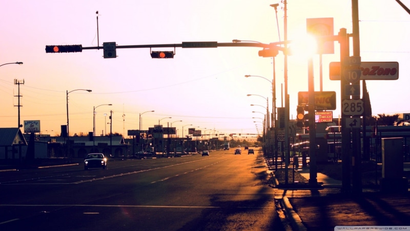 road, 1080P, architecture, sunset, sunlight, sign, road signal, outdoors, car, city, building exterior, motor vehicle, city street, city life, mode of transportation
