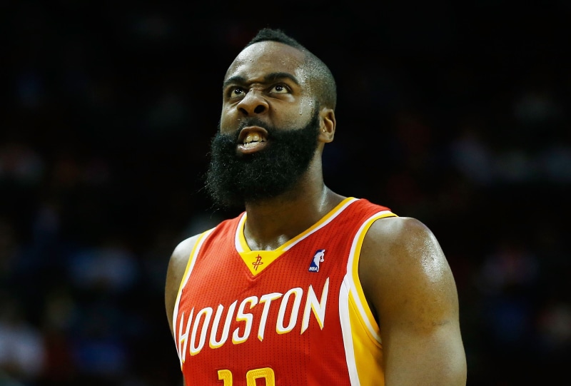 front view, casual clothing, James Harden, shaved head, young adult, rocket, basketball uniform, athlete, men, sports, black background, basketball, one person