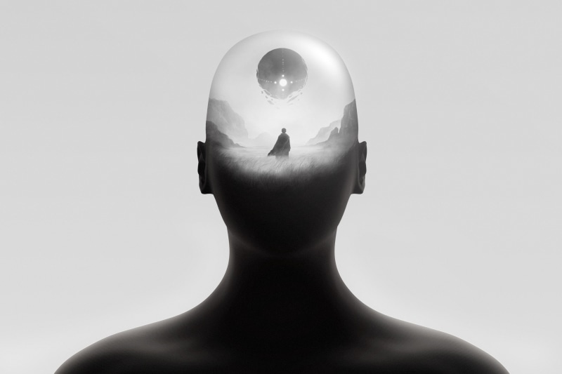 shirtless, shaved head, Dream, Silhouette, copy space, human face, Monochrome, 2K, indoors, human head, men, mannequin, portrait, close-up, one person