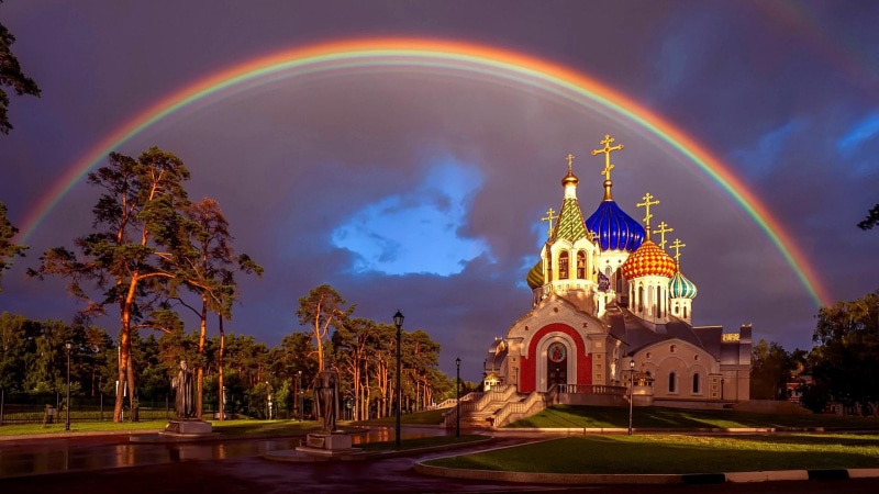 evening, church, cloudy, moscow, peredelkino, russia, rainbow, 1080P, st igor of chernigov, orthodox