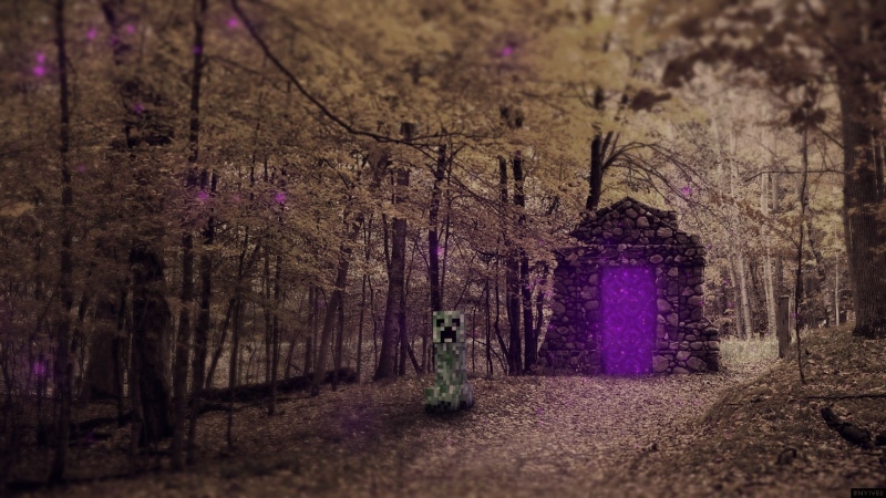 creeper, landscape, 1080P, realistic, Minecraft, Nether Portal, trees, digital art, video games, nature