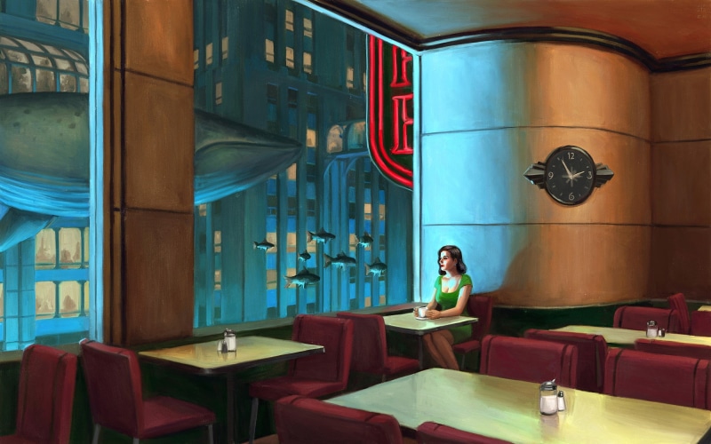 the city, 1080P, kit, bioshock, girl, art, fish, Rapture, house, coffee