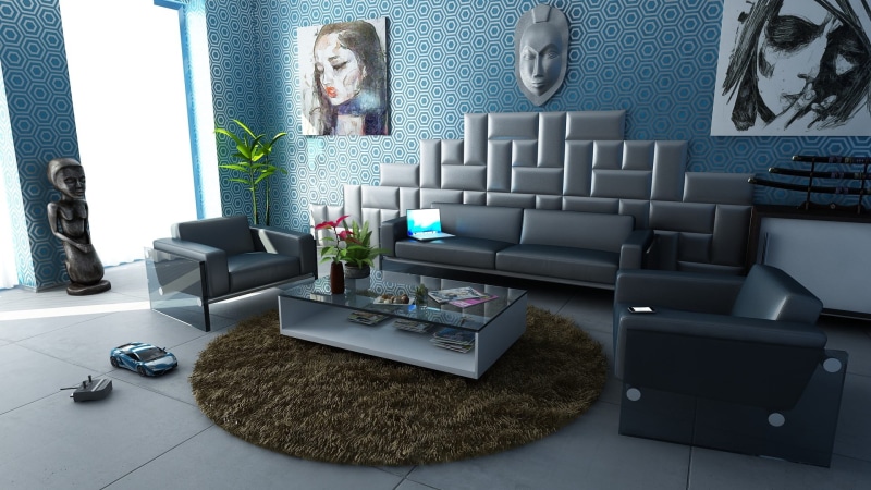 electric lamp, modern, chair, floor, rc, contemporary, sofa, coffee table, seat, plant, beside, no people, furniture, paintings, blue, domestic room, window