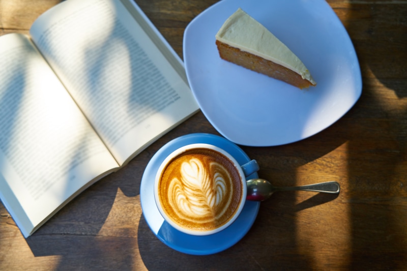 b add, the work, pie, wood, work, morning, wooden, eating utensil, food, froth art, saucer, indoors, coffee, table, cup, beverage, book, read, espresso