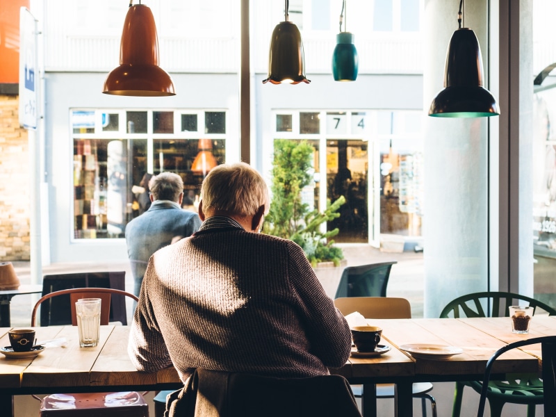 chairs, 4K, lifestyles, reading, lights, men, espresso, sweater, cafe, glass, old man, indoors, real people, elderly, sitting, business, people, rear view