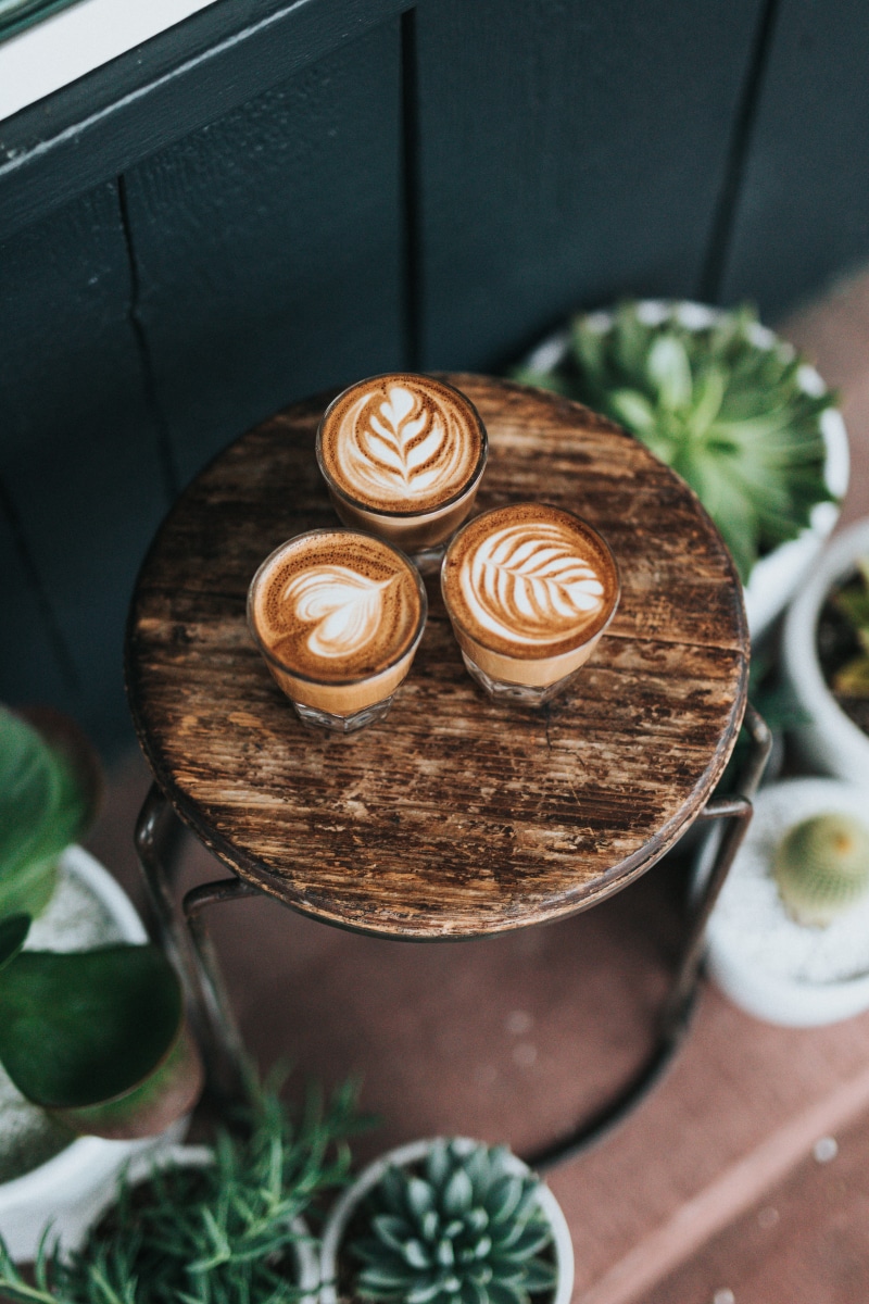 food and drink, 5K, froth art, freshness, cappuccino, three, food, wooden, nature, cups, round, cafe, leaf, coffee, brown, frothy drink, no people, directly above