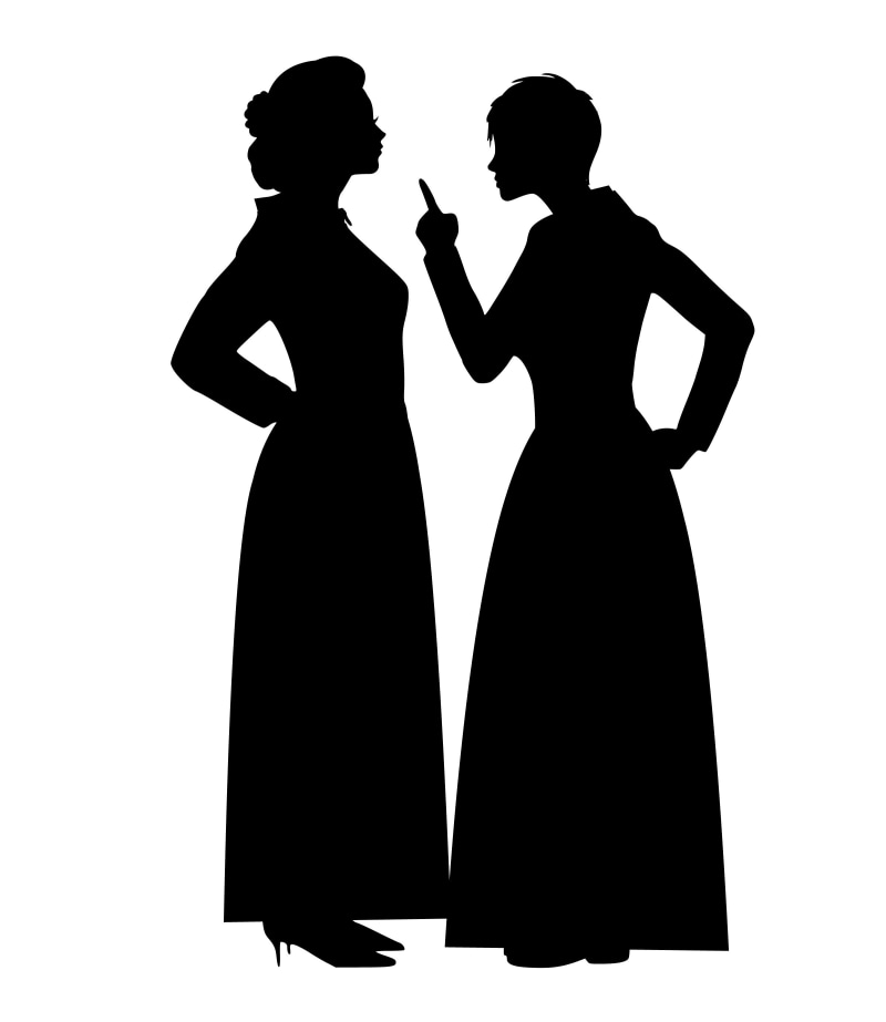 angry, quarrel, point, difference, cut out, human representation, women, three quarter length, leisure activity, two people, sisters, accuse, silhouette
