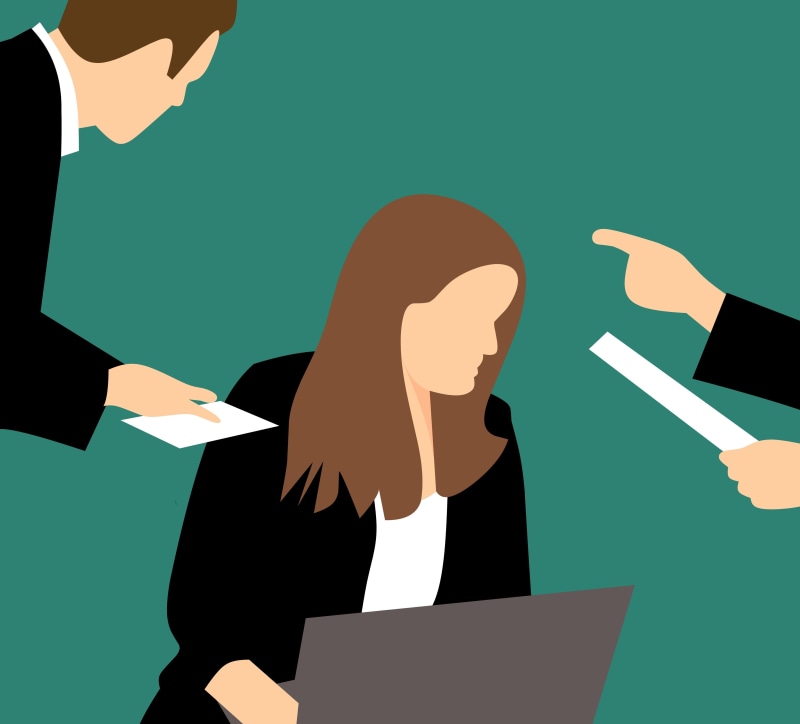 workplace, illustration, blame, girl, blue background, negative, failure, situation, colored background, fire, bias, males, bullying, bossy, bully, studio shot