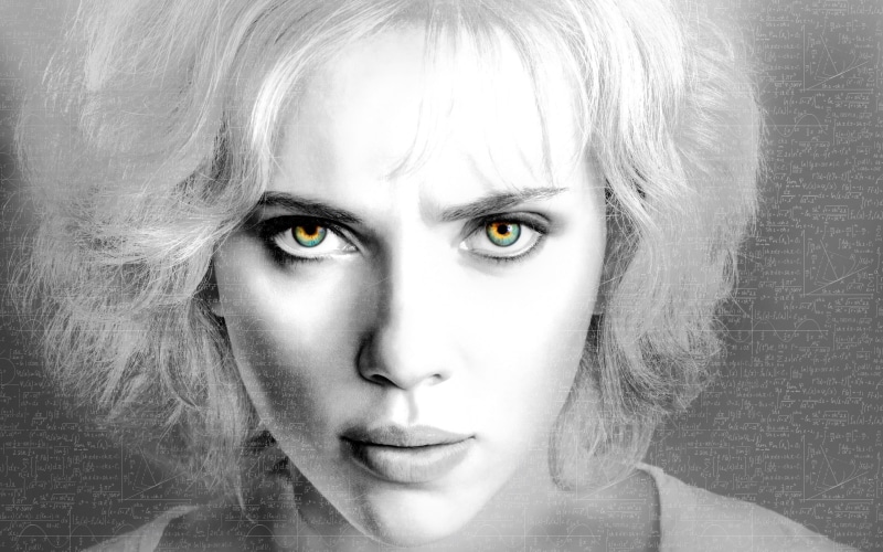 human body part, Lucy (movie), bangs, headshot, one person, Scarlett Johansson, 2K, digital art, fashion, monochrome, human face, beautiful woman, actress