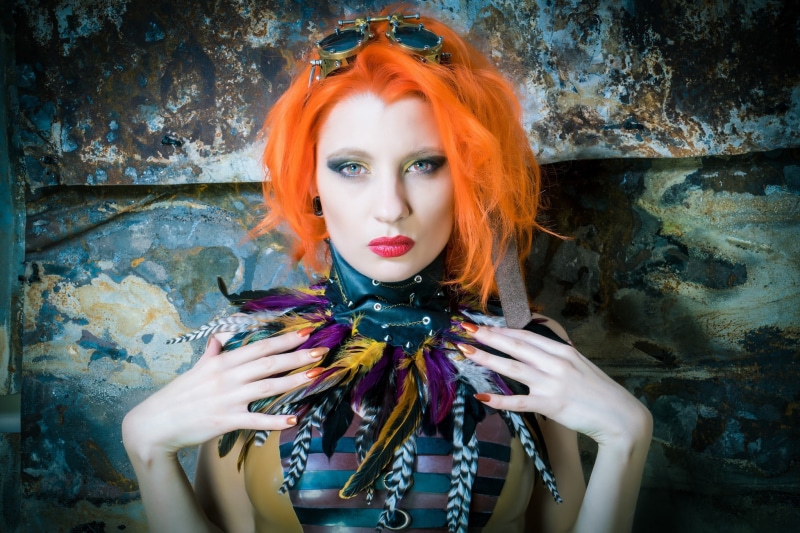 smoky eyes, feather necklace, fair skin, women, 1080P, contact lenses, red nails, red lipstick, fake iris, redhead