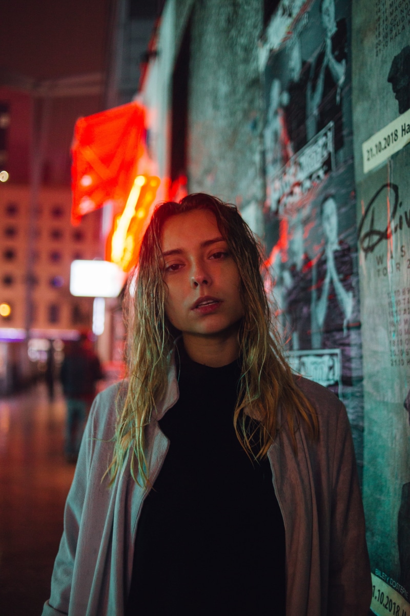 architecture, city, casual clothing, 5K, one person, long hair, female, autumn, rain, portrait, neon portrait, young women, beautiful, leisure activity