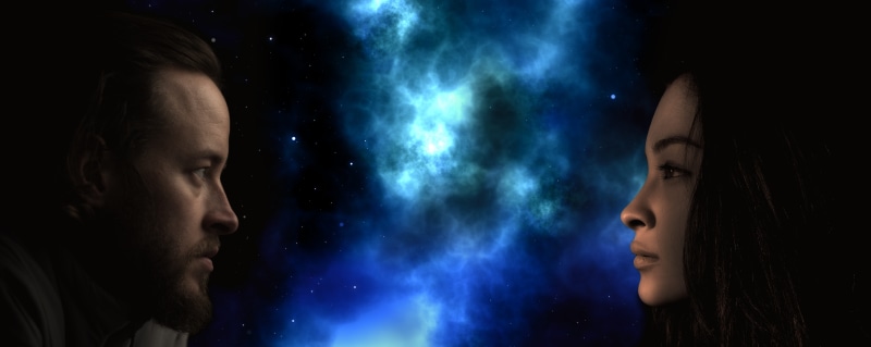 two people, people, young adult, sky, cosmos, facing, psychology, futuristic, profile view, space, star, headshot, digital composite, body part, indoors