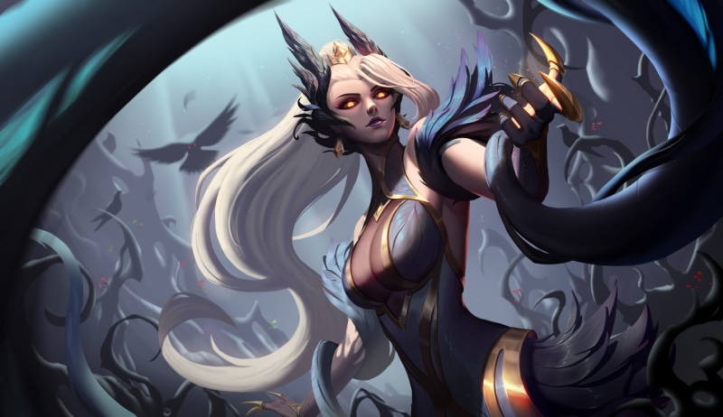 roots, League of Legends, drawing, red eyes, thorns, birds, Zyra, Proxy Xi, 1080P, silver hair, armor, glowing eyes, long hair, plants, women, nature