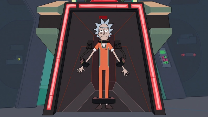 ceiling, day, sign, Rick and Morty, hanging, western script, red, transportation, mode of transportation, Rick Sanchez, land vehicle, entrance, cartoon