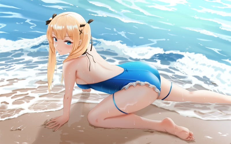 beach, Marie Rose, VikingG, 1080P, anime girls, Dead or Alive, anime, blonde, barefoot, sea