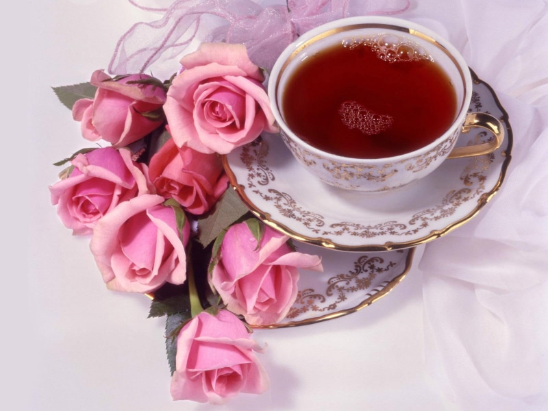 teacup, brass, 720P, saucer, morning, roses, tea, white, cup, good morning, good