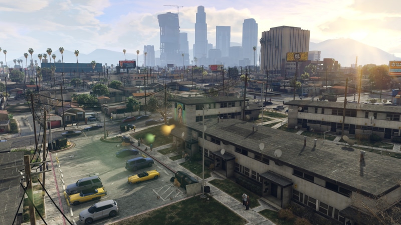 built structure, car, sky, pollution, land vehicle, day, outdoors, Grand Theft Auto V, nature, mode of transportation, architecture, PC gaming, high angle view
