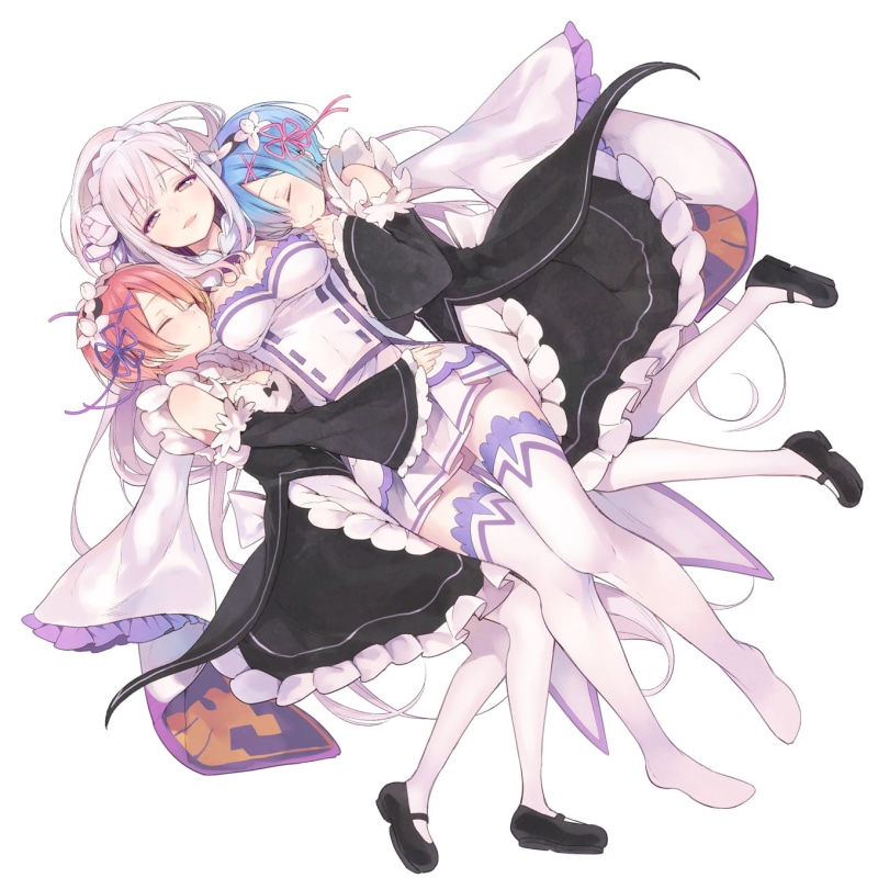 thigh-highs, maid outfit, maid, Re:Zero Kara Hajimeru Isekai Seikatsu, 720P, Rem (Re: Zero), white background, Emilia (Re: Zero), Ram (Re: Zero)