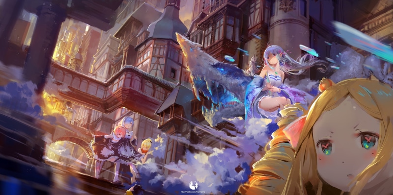2K, building, Ram (Re: Zero), Emilia (Re: Zero), thigh-highs, Puck (Re:Zero), Re:Zero Kara Hajimeru Isekai Seikatsu, dress, Felt (Re:Zero), pointed ears