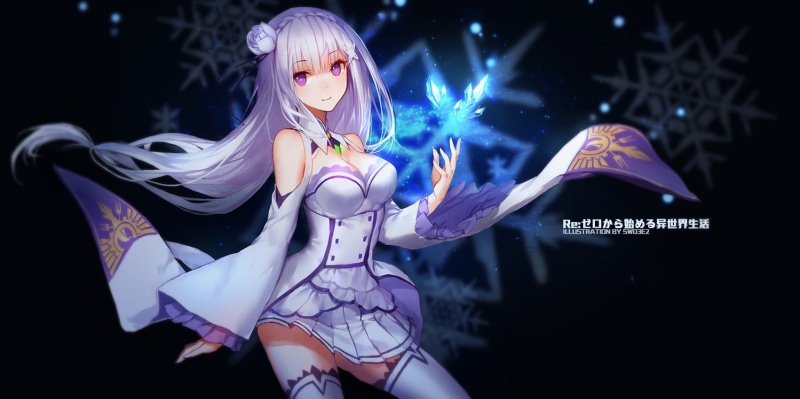 indoors, Re:Zero Kara Hajimeru Isekai Seikatsu, black background, smiling, gray hair, white hair, anime girls, purple eyes, young women, snow flakes, emilia