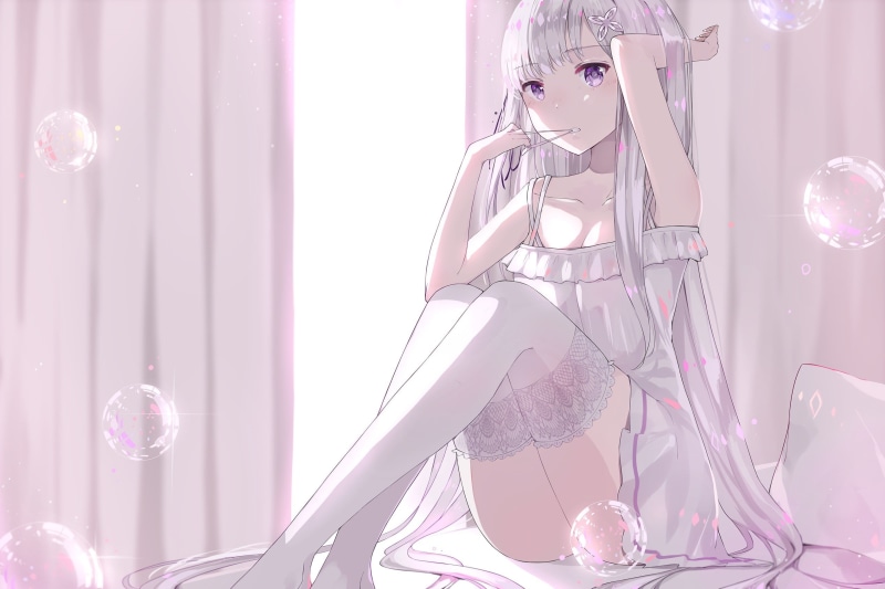Re:Zero Kara Hajimeru Isekai Seikatsu, cleavage, pillow, violet eyes, Emilia (Re: Zero), 1080P, dress, long hair, thigh-highs, white clothing