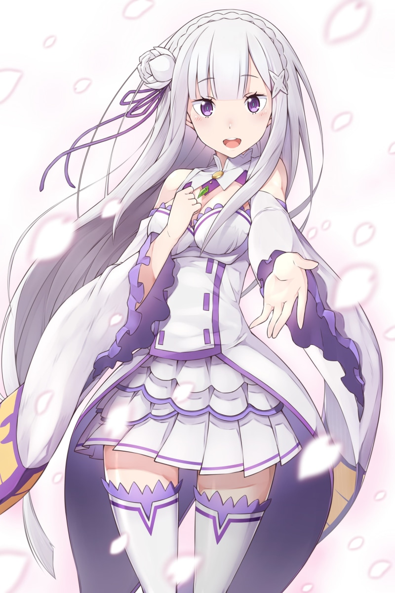 cleavage, Re:Zero Kara Hajimeru Isekai Seikatsu, 2K, petals, white  background, white dress, thigh-highs, white hair, purple eyes, Emilia (Re: Zero)