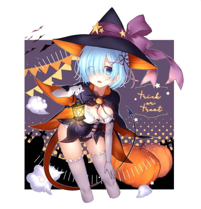 pumpkin, one person, hat, portrait, Rem (Re: Zero), witch, 720P, clothing, women, studio shot, tail, transfer print, lantern, fashion, indoors, young adult