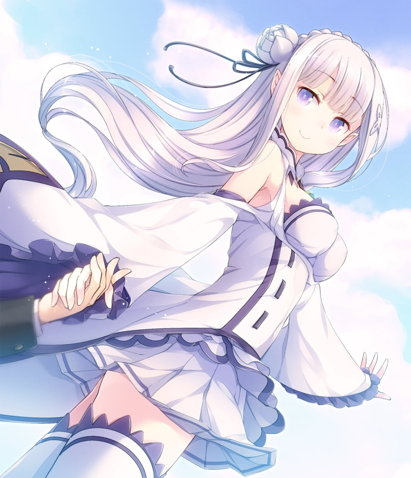 young women, white hair, haired, blue, Emilia (Re: Zero), thigh-highs, close-up, Re:Zero Kara Hajimeru Isekai Seikatsu, anime, women, lifestyles, adult
