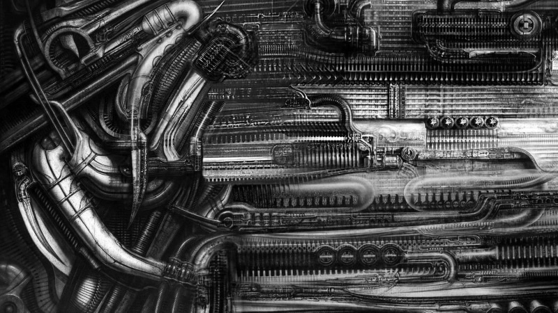 H. R. Giger, grey, black, 4K, detailed, dark