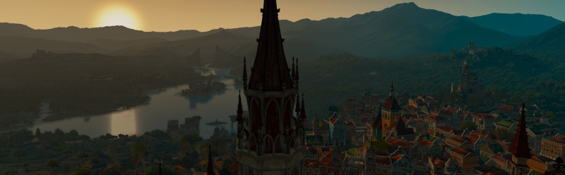 15360x8640, The Witcher, landscape, fog, palace, scenics - nature, nature, architecture, environment, sunrise - dawn, travel destinations, beauclair, 8K
