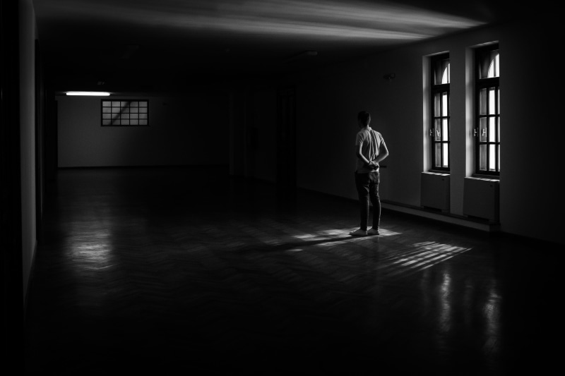 people, full length, window, dark, shadow, spooky, photo, loneliness, 5K, standing, solitude, illuminated, grayscale, indoors, inside, corridor, near