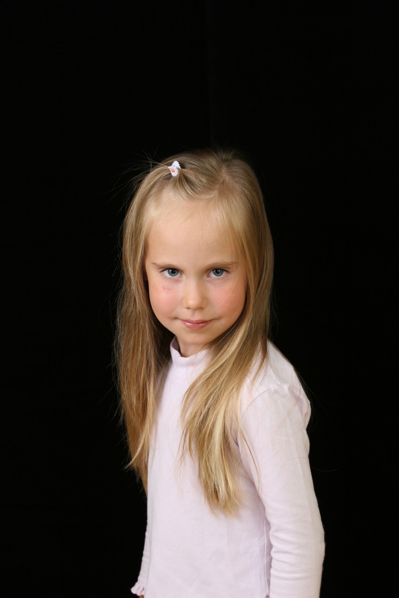 portrait, little, sleeved, blond hair, hair, emotion, long, happy, dress, hairstyle, background, young, smart, children, child, innocence, girls, cute