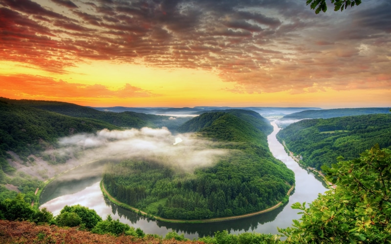 Orange, Saarland, Scenery, 2K, Clouds, Mountains, Sunset, River, Germany, Bend, Sky