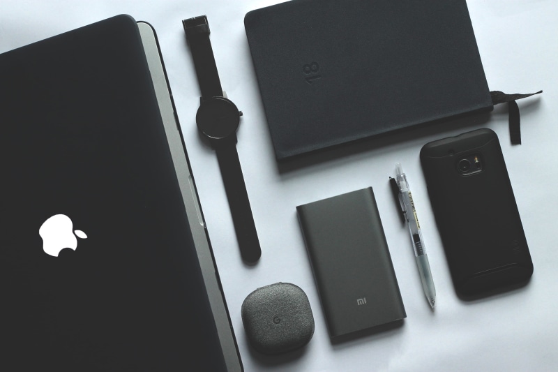 watch, technology, high angle view, minimalism, wireless technology, note pad, publication, closeup, organized, laptop, still life, macbook, white, black