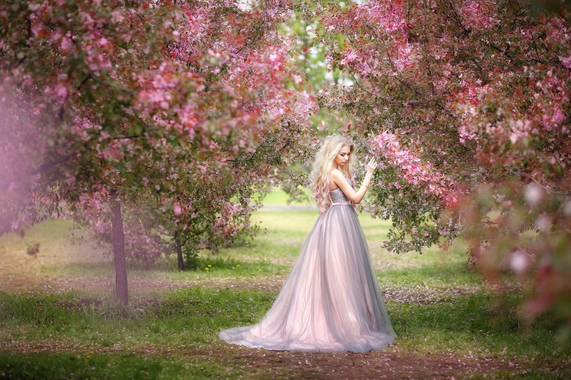 1080P, girl, garden, dress, mood, Oksana Mitina, trees, flowering, spring