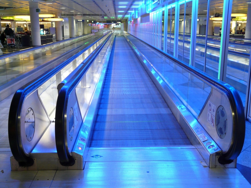 neon, blue, indoors, inlet place, motion, airport terminal, reflection, treadmill, airport, 2K, means of transport, neon light, escalator, roll band, connection