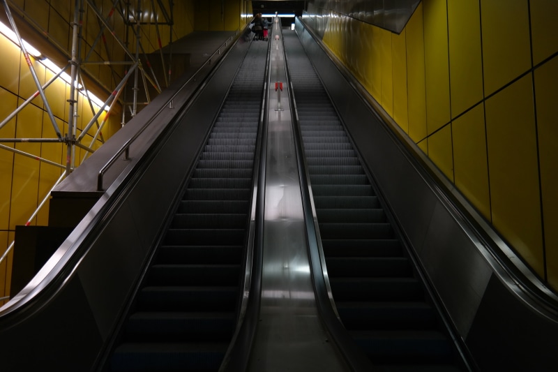 station, illuminated, subway Station, 5K, futuristic, moving walkway, railing, staircase, motion, rolling pavement, modern, the way forward, steps, low angle view