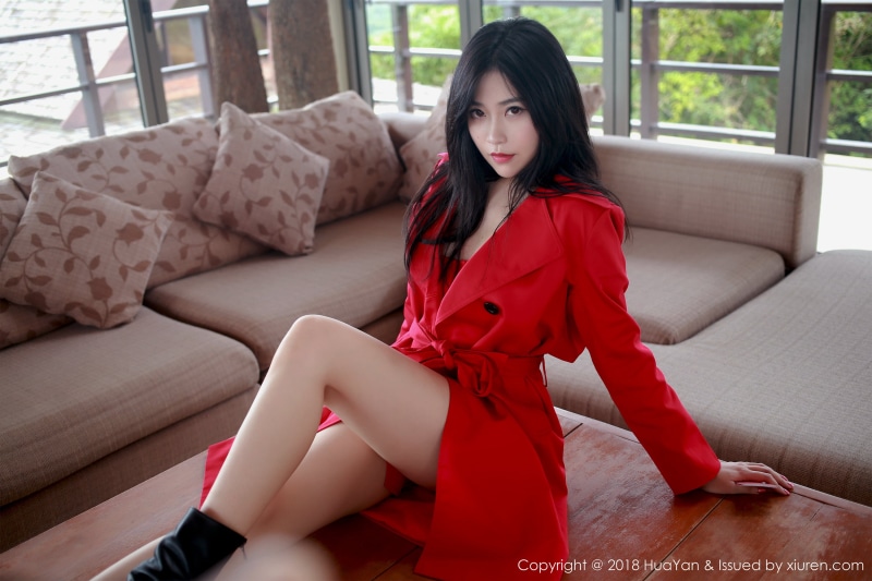 leaned back, Xiuren, 2K, legs, Asian, red coat, trench coat, women indoors