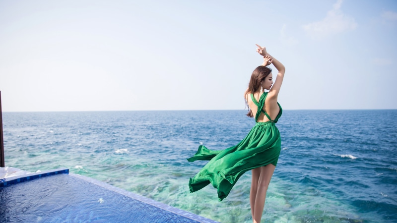 sunlight, beach, waves, arms up, Asian, Xiuren, green dress, 4K, windy, swimming pool, rear view